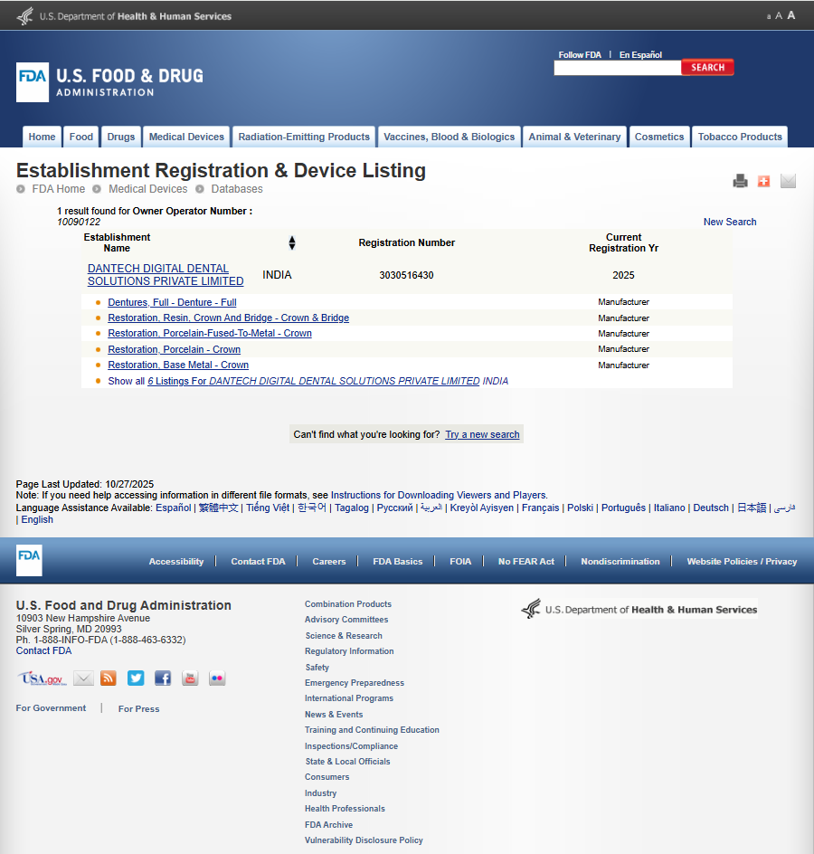 FDA registred At Dantech Dental Lab, quality is at the heart of everything we do. We are proud to be an ISO 13485:2016 certified, UK-MHRA registered, and U.S. FDA registered dental laboratory — a recognition of our commitment to global standards in safety, quality, and regulatory compliance.